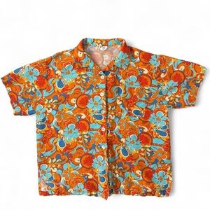 Kulani Kinis Hawaiian Orange Floral Short Sleeve Button Down Mens Size Medium